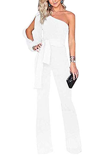 MisShow Women s Wide Leg Slanted One Shoulder Belted Jumpsuits White
