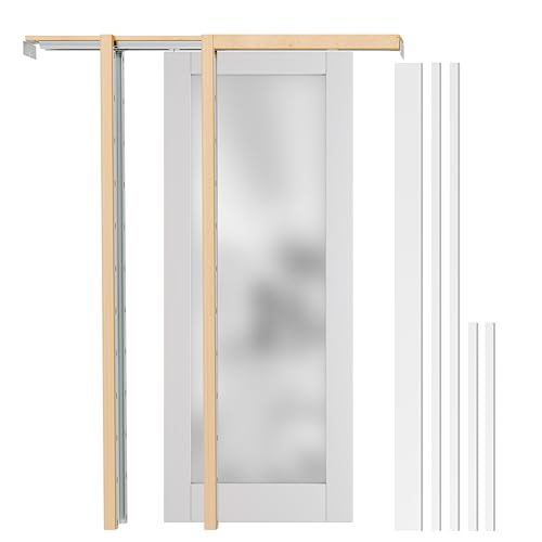 Image of Pocket Door 30 inch x 80 inch, 1-Lite Frosted Glass Pantry Door Panel with Frame and Hardware Kit Set Plus Door Jamb, Single Interior & Closet Door Slab for Sliding Door, No Panel Assembly Required