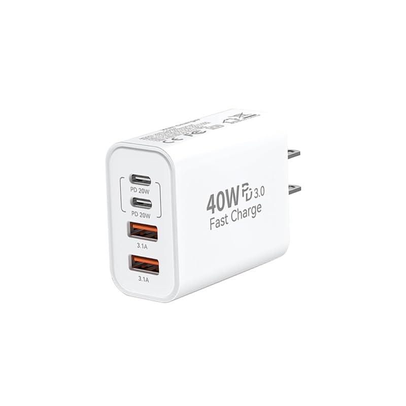 Image of USB C Wall Fast Charger Block,40W 4-Port Type C Fast Charging Dual Type C+Dual USB-A Plug Multiport Charger Brick for iPhone 17 /16 /15 /14 /13 /12 Pro Max, iPad, Galaxy