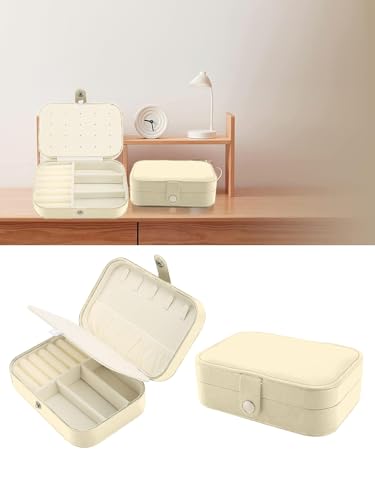 Image of Cortina Jewellery Organiser PU Leather Zipper | Portable Storage Box Case with Dividers | Container for Rings, Earrings, Necklace Home Organizer - Cream
