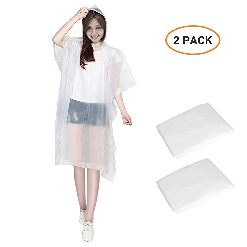 Elebor Rain Ponchos for Adults with Drawstring Hood，2-Pack EVA Reusable Emergency Rain Coat for Disney, Hiking, Biking, Camping or Traveling, Light Portable Easy into Pockets (White Clear)