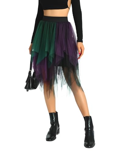 LYSINK Falda tutú de tul irregular para mujer, falda escalonada de malla en contraste de color, cintura elástica, falda midi acampanada, A, morado, verde, negro, Talla única