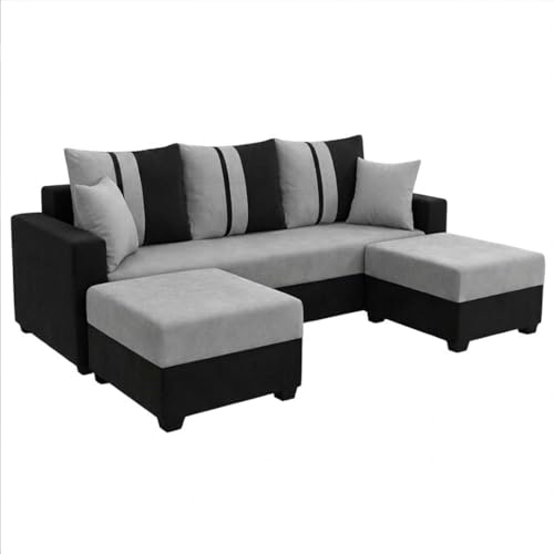 Image of Zenix 5 Seater L Shape Sofa Set with 2 Movable Ottomans | Flexible Layout | Rich Velvet Suede Fabric | Silver Legs | Spacious Seating | Modern Sofa for Living Room (Black-Light Grey)