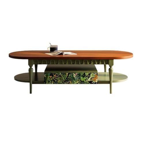 mengli-99 End Tables Oval Wooden Coffee Table with Floral Accent Drawer & Shelf Rustic