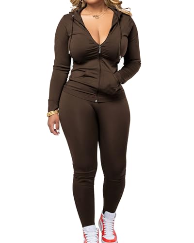 PINSV Women Two Piece Outfits Workout Sets Bodycon Tracksuit Long Sleeve Zip Up Hoodie Jacket Jogger Matching Sweat Pants Set Brown L