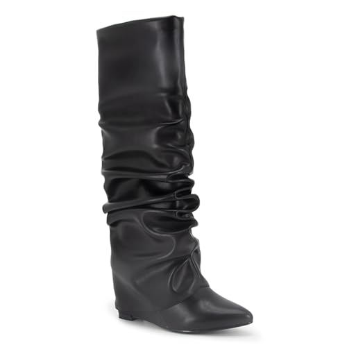 GOGD Women’s Slouchy Fold Over Boots Knee High Long Shark Pointed Toe Side Zipper Dress Tall Bootie