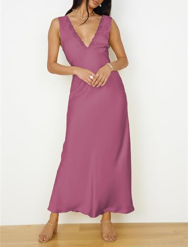 Image of BAGONE Summer Satin Lace V Neck Backless Formal Wedding Guest Maxi Dresses