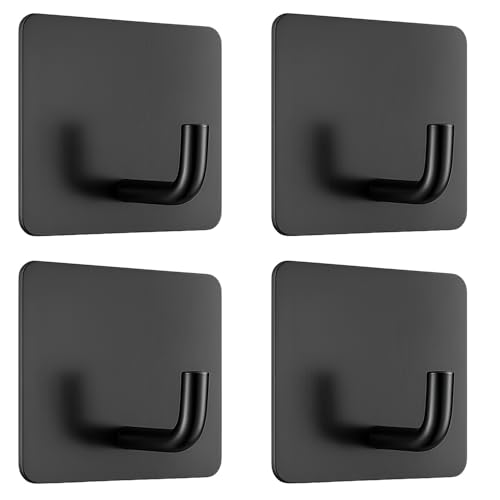 Image of DALUCI Self Adhesive Hooks for Wall Heavy Items - Metal Wall Hooks for Hanging Clothes, Towels & Keys - Waterproof No Drill Sticky Wall Hanger Hook for Bathroom & Kitchen (J Hook-Black, 4)