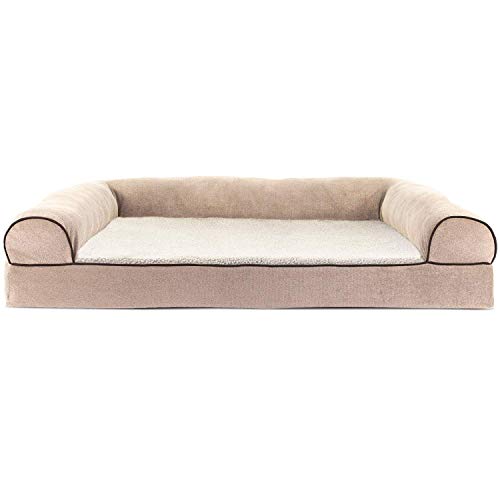 Image of Furhaven Orthopedic Dog Bed for Large Dogs w / Removable Bolsters & Washable Cover, For Dogs Up to 95 lbs - Sherpa & Chenille Sofa - Cream, Jumbo /XL