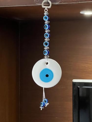 Image of BLUE BEADS Turkish Feng Shui Vastu Blue Glass Evil Eye Hanging /Door Hanging Nazar Batu for Protection and Good Luck - Perfect for Gifting Home or Office (White Evil Eye)