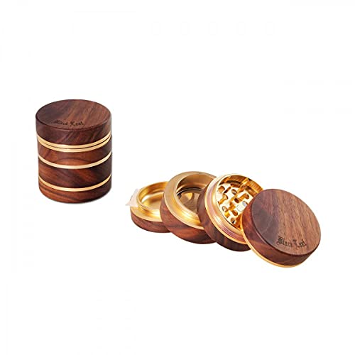 Black Leaf Grinder Aluminium Nussholz groß 4-teilig Ø 63 mm H 68 mm | hochwertiger Holz Crusher mit Abgerundeter Pollenkammer | Premium Grinder Gold | inkl. Schaber