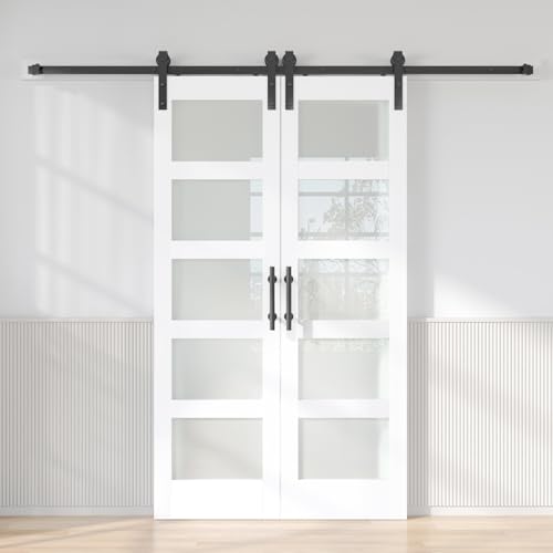 FREDBECK Double 24 x 84 inch White Glass Barn Doors 48inch with 8FT Hardware Kit & Handle...