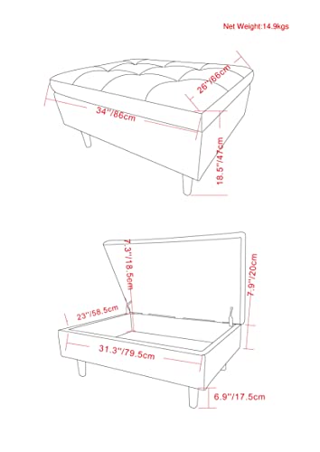 SIMPLIHOME Shay 34 inch Wide Mid Century Modern Small Rectangle Coffee Table Storage Ottoman in Distressed Black Vegan Faux Leather, Assembled, for The Living Room, Entryway and Family Room
