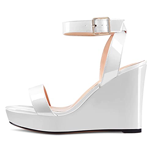 Image of Aachcol Women Platform Wedge Sandals Round Peep Open Toe Ankle Strap Slingback Two-Piece Chunky Block High Heel Dress Shoes Pumps Party Patent 4 Inch