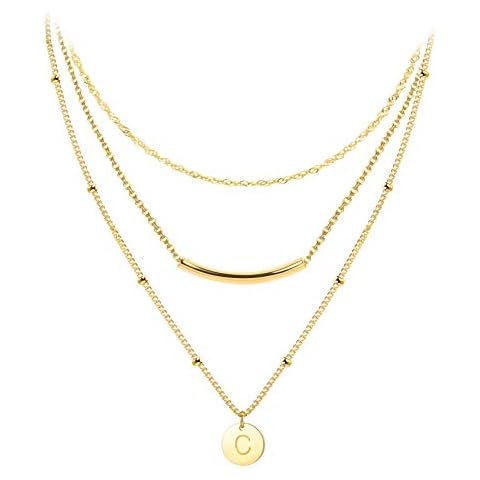 Florideco Initial Letter Pendant Layered Necklace for Women Stainless Steel Dainty Personalized Letter A-Z Round Disc Coin Engraved Hammered Name Choker Necklaces Jewelry Gifts Cover
