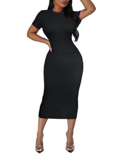 Women's Long Bodycon Dress - Summer Casual Short Sleeve Midi Club Party Fitted Tight Dresses4