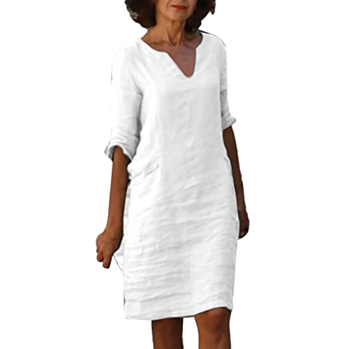 Vestido Midi de Lino y Algodón Informal de Verano con Cuello en V para Mujer Vestido Manga Corta con Vintage Estampado A-Line Vestido Suelto de Playa Boho Fiesta Verano Vestidos(H Blanco,XL)