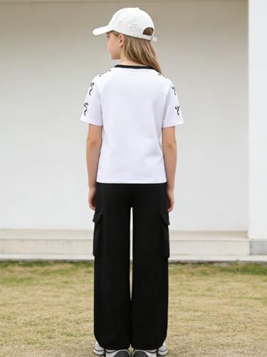 Image of Tween Girls Clothes Short Sleeve Graphic T-Shirt Top + Cargo Pants 2pcs Outfit Set, Size 7-15Years