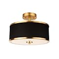 Edwarmlux 3-Light Semi Flush Mount Ceiling Light Fixture, 12.6" Gold Drum Light with Black Fabric Shade, Modern Close to Ceiling Light for Living Room Bedroom Dining Room Kitchen Hallway Entry Foyer