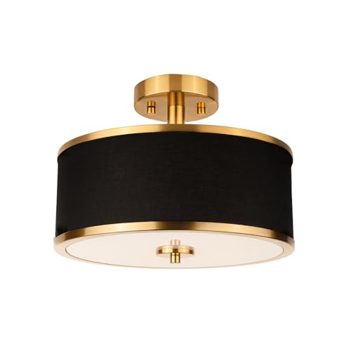Edwarmlux 3-Light Semi Flush Mount Ceiling Light Fixture, 12.6' Gold Drum Light with Black Fabric...