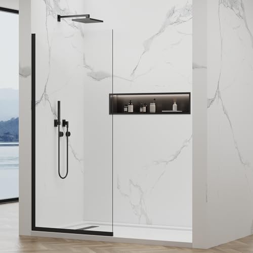 YTSAHSTT Shower Glass Wall Panel 36' W x 76' H, 3/8' (10mm) Tempered Glass, Half Frameless Fixed Shower Screen, Single Panel with Double-Sided Easy-Clean Coating - Matte Black