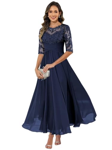 HUINI Damen Brautmutterkleid Chiffon Lang - Spitzen Formales Abendkleid Kleider Halbärmel A-Linie...