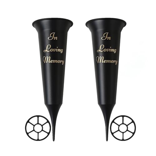 Set of 2 Grave Vases with Spike - WeatherResistant Black Memorial Flower Holders for Graveside Cemetery Vases for Fresh or Artificial Flowers Durable Plastic with Grid Inserts (In Loving Memory)