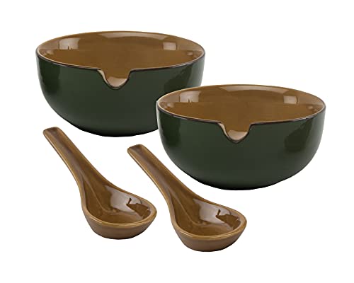 Image of HS Hindustani SAUDAGR Urban Mattee Green Ceramic Bowl Set of 2(240ml Each) Soup Bowl Without Handle & with Spoon Microwave Safe Bowls katori Ideal for Snacks Rice dal Desserts and Gifting.