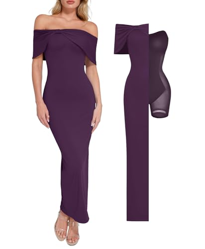 Popilush Off The Shoulder Maxi Dress Wedding Guest Formal Dresses for Women Sleeveless Bodycon Long Shapewear Prom Dress