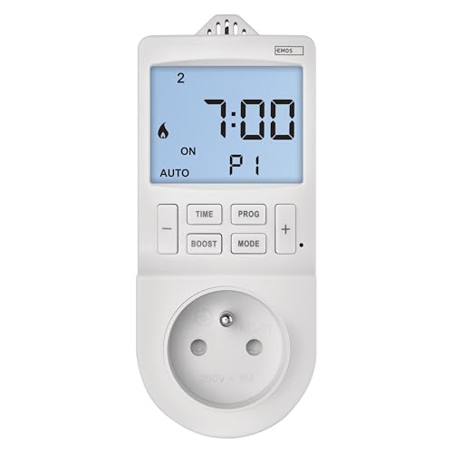 EMOS 2en1 Thermostat de prise et minuterie, régulateur de température ambiante numérique et prise de courant minuterie pour chauffage et refroidissement, radiateur, chauffage infrarouge, aquarium
