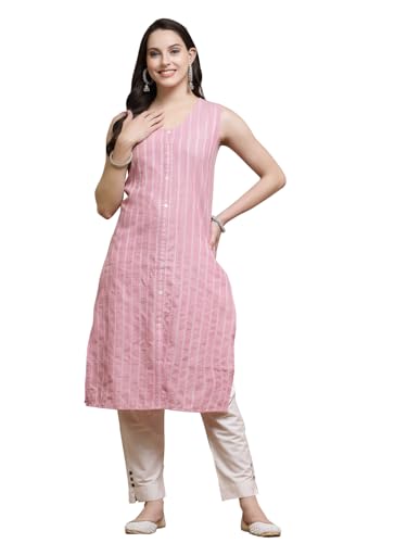 Stylum Women's Woven Striped Cotton Blend Straight Kurta (Taimur36_Pink, S)