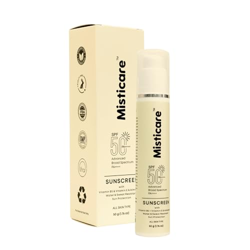 Image of Sunscreen SPF 50 PA++++ with Vitamin B5, Vitamin E & Almond Oil Broad Spectrum UVA /UVB Protection No White Cast Water & Sweat Resistant Lightweight & Non-Greasy For All Skin Types Men & Women - 50g