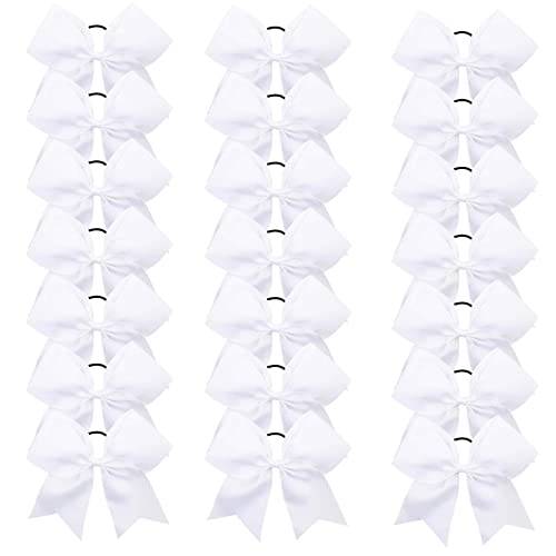 Oaoleer 21PCS 8 Large Cheer Bows White Bows Jumbo Cheerleader Bow with Ponytail Holder Elastic Band Handmade for Cheerleading Teen Girls College Sports
