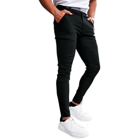 GINGTTO Mens Skinny Dress Pants Stretch Trousers for Men Slim Fit Chinos(Black Plain,32) Cover