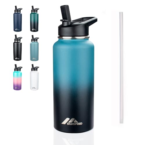 StarSpeed 32oz Insulated Water Bottle with Straws & 2 Lids, Stainless Steel Double Walled Vacuum Water Flask, Wide Mouth Sports Water Bottle for Gym Camping Hiking, Indigo Black