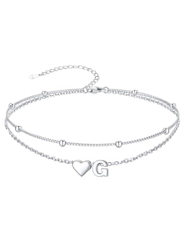 Image of SILVERCUTE Silver Anklets for Women, Waterproof Initial Heart Ankle Bracelets Sterling Silver, Adjustable Layered Foot Jewelry Summer Beach Fashion with Personalized Name Design, Gift Package