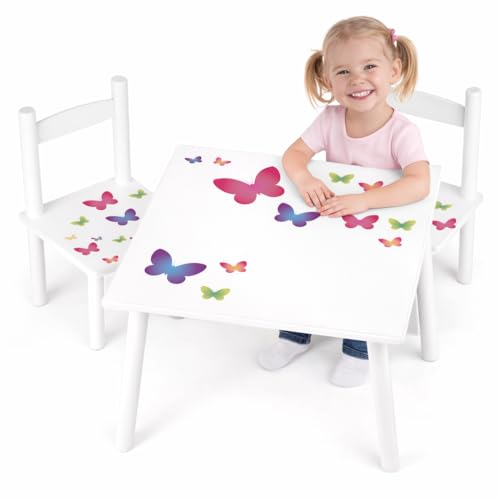 BAYAGU Mesa Infantil de Madera con 2 sillas – Diseño Mariposas con impresión UV Resistente – Set Mesa y sillas para niños 2-5 años – Mesa para Dibujar, Jugar y estudiar – 60x60x42 cm