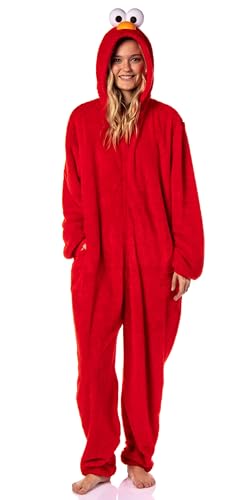 Sesame Street Character Adult Union Suit Kigurumi Hooded 1 Piece Fleece Pajama For Men Women (Elmo Large/X-Large) Red