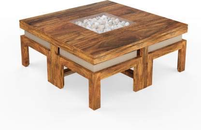Image of Solid Sheesham Wood Coffee Table with Four Coushion Stool, Center, Teapoy, Sofa Side Table, Furniture for Living, Guest, Holl, Areas