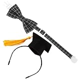 JECOMPRIS Birrete de Graduación para Mascotas Unisex Amarillo con Borla, Pajarita Negra a Cuadros Ajustable para Perros Pequeños y Gatos, Disfraz Graduación Cómodo y Seguro para Sesión