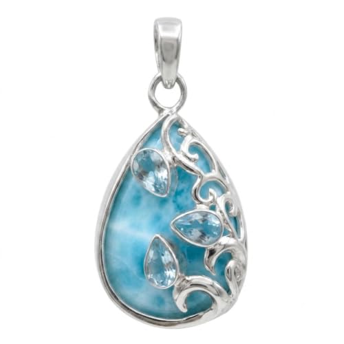 Natural Dominican Larimar 2ct Blue Topaz 925 Solid Sterling Silver Pendant 35mm