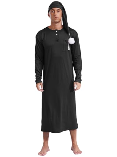 Men's Soft Loose Sleepwear Long Sleeve Nightshirt Night Pajama Set with Sleeping Cap