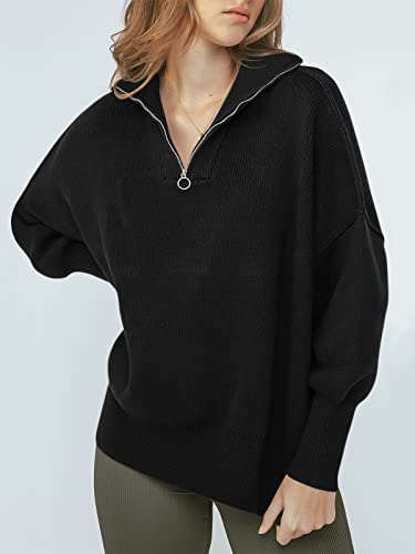 Image of ANRABESS Womens Oversized Quarter Zip Pullover Sweaters | Fall Fashion Outfits, Long Sleeve Slit Side, Baggy Loose Fit, 1 /4 Zip Lapel Collared, Ribbed Knit Soft Warm Winter Clothing