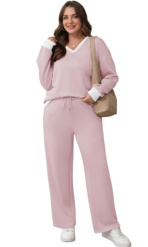 Image of WIHOLL Lounge Sets for Women 2026 V Neck 2 Piece Outfits Airport Wide Leg Pants Matching Set Sweatsuits