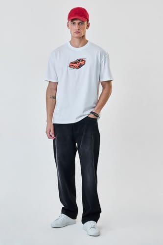 Image of SNITCH Men T-Shirt | Embroidered Car Graphic & Drop Shoulder Style | 100% Breathable Cotton Casual Streetwear T-Shirt & Fashionable Short Sleeve Tee