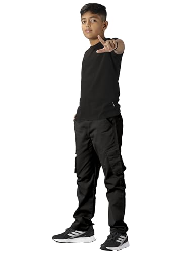 Image of KiddoPanti Boys Cargo Pants | 100% Cotton Twill | Comfortable Regular Fit | Elastic Waistband & Zip Fly | 6 Pocket Lower for Kids | Full-Length Casual Wear