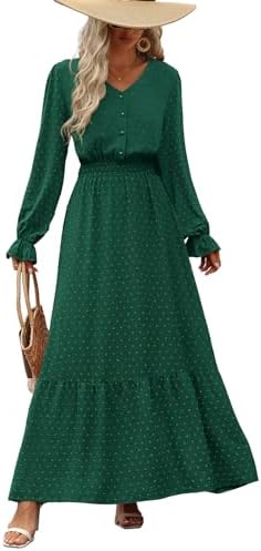 PRETTYGARDEN Women's 2025 Maxi Dress Long Sleeve V Neck Flowy Swiss Dot High Waist Casual A Line Fall Wedding Guest Dresses