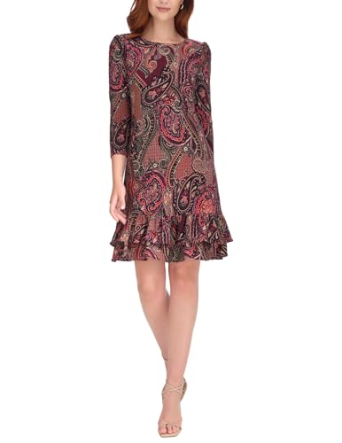 Image of Tommy Hilfiger Women's 3 /4 Sleeve Crew Neck Double Ruffle Hem Jersey Shift Mini Dress