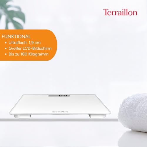 Terraillon - TSQUARE Weiß - Kompakt und ultraflach 26cm x 26cm-Glasplatte-Großes LCD-Display-Kapazität 180Kg-Graduierung 100g -Weiß – Ansicht 3