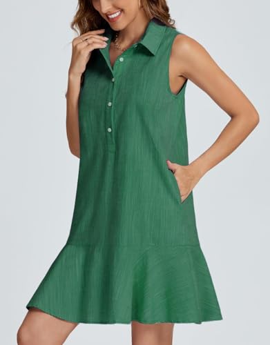 Image of Women Sleeveless Mini Dress Button Down Shirt Dress V Neck Reffle Hem Cotton Linen Tunic Short Dress
